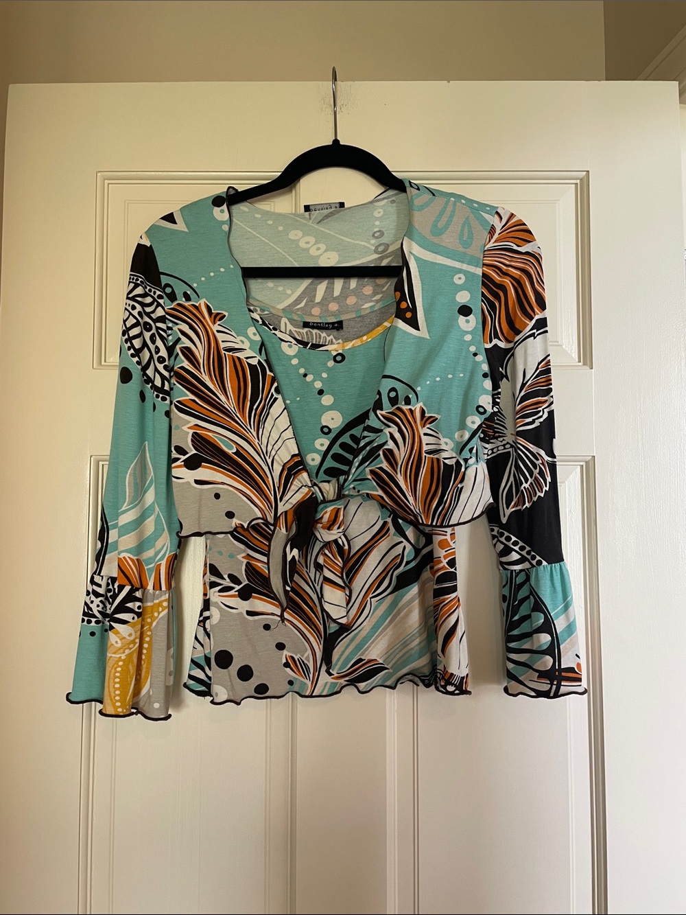 V-Neck Tie-Front Floral Print Top in Teal and Brown with Matching Cami
